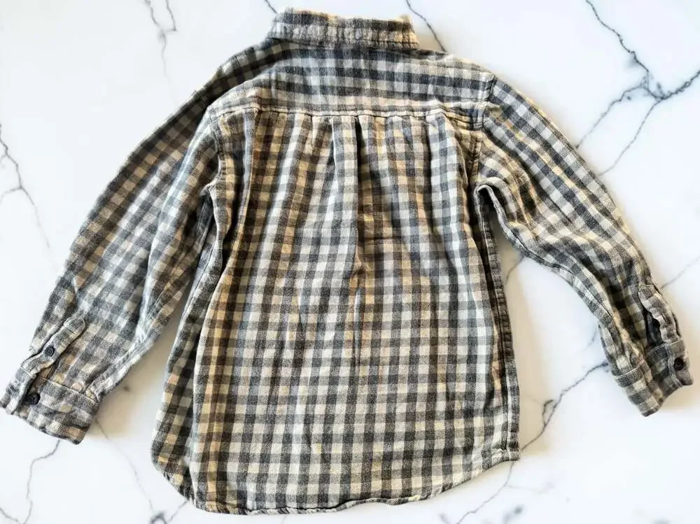 Gymboree Boys Gray and Beige Plaid Long Sleeve Flannel Button-Up Shirt